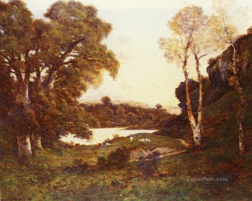 Joseph Canvas - French 1819 to 1916 Goats Grazing Beside A Lake Barbizon landscape Henri Joseph Harpignies